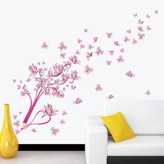 Flying Pink Butterfly Flower Blossom Wall Sticker