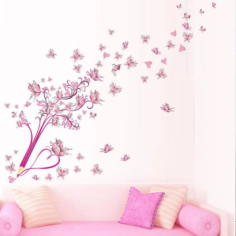 Flying Pink Butterfly Flower Blossom Wall Sticker