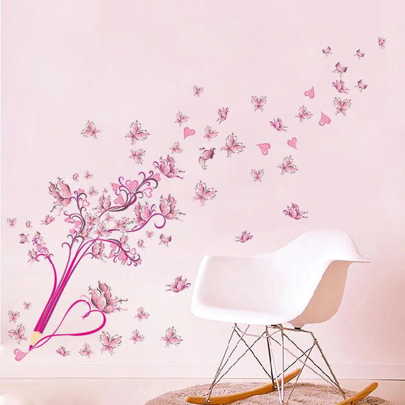 Flying Pink Butterfly Flower Blossom Wall Sticker